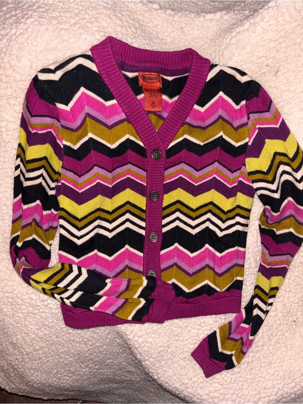 Missoni Vintage V-Neck Chevron Button Cardigan Pink, Yellow, Black Girls Medium
